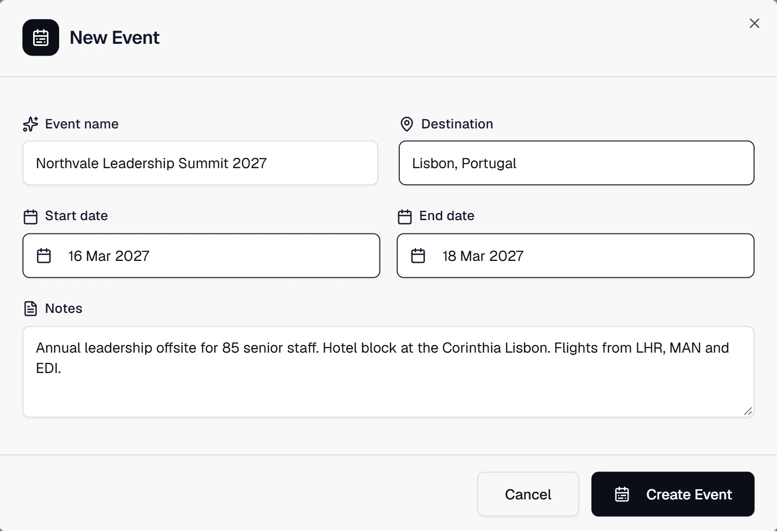 The New Event form for the Northvale Leadership Summit 2027 in Lisbon, 16 to 18 March 2027.