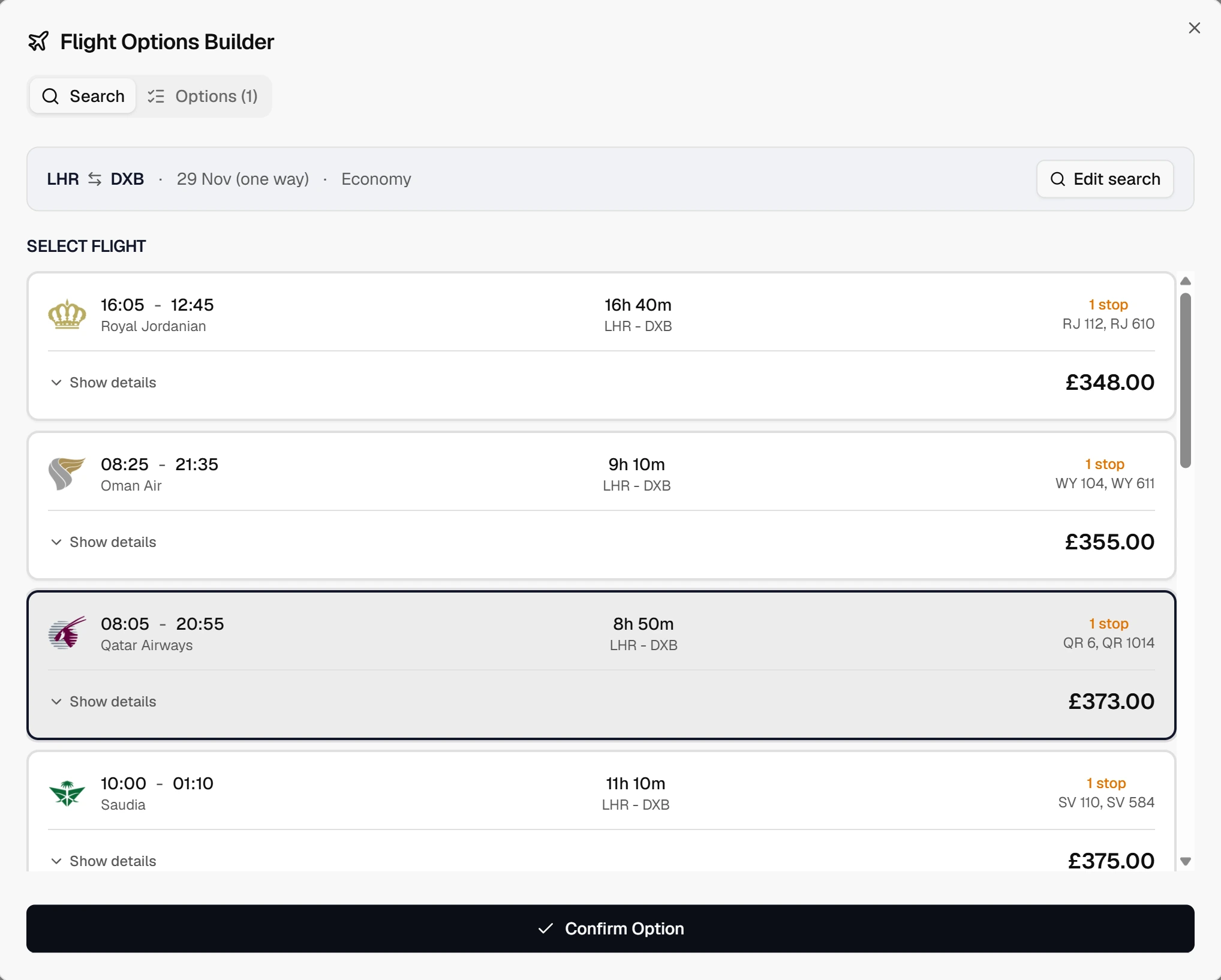 The Lupus fare search showing four London Heathrow to Dubai options, with the Qatar Airways fare selected.