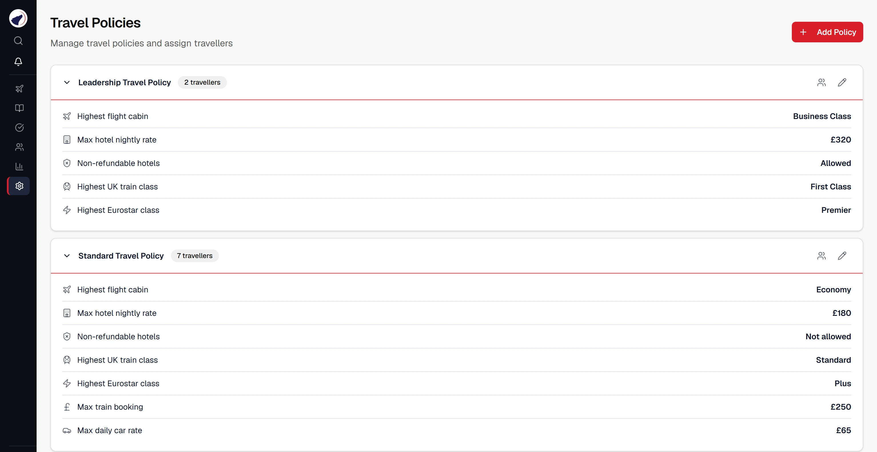 The Travel Policies screen, with a Leadership policy for two travellers and a Standard policy for seven.