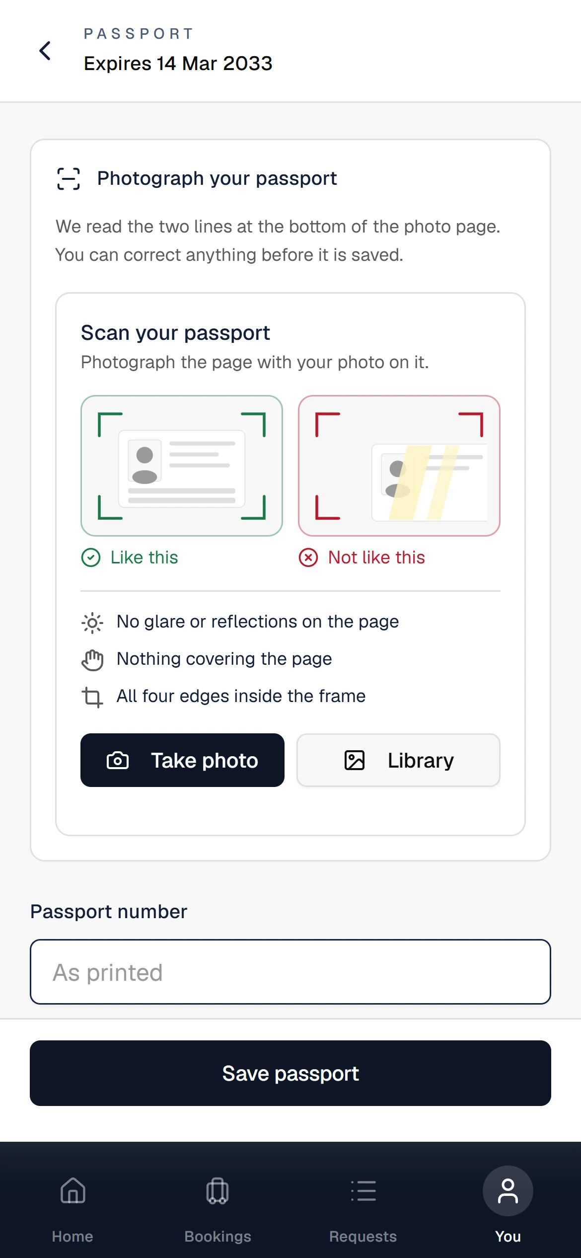 The Lupus traveller app's passport screen, guiding the traveller to photograph their passport's photo page.
