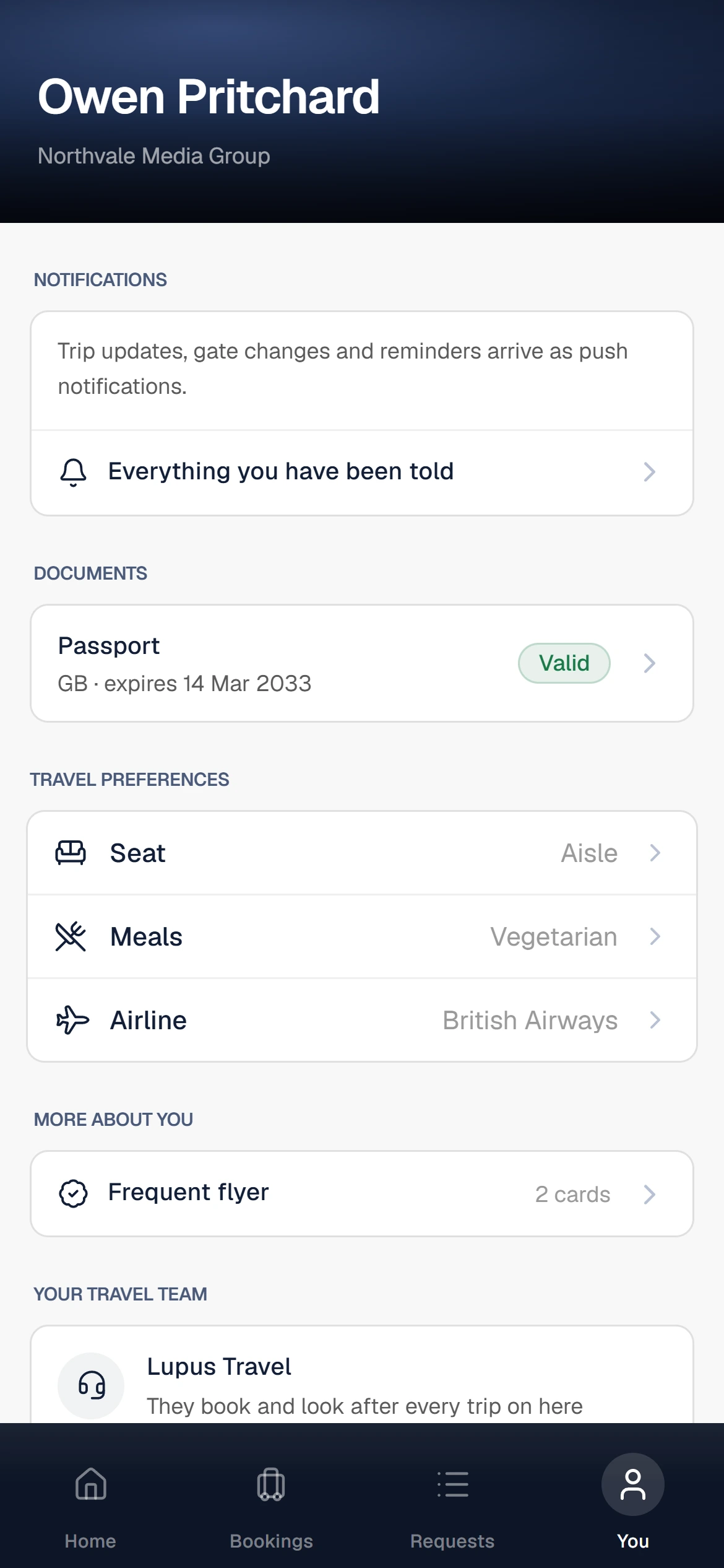 The Lupus traveller app's You screen for Owen Pritchard at Northvale Media Group: a valid passport, aisle seat, vegetarian meals and British Airways as preferred airline.